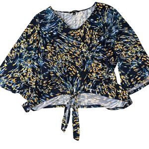 Zac & Rachel Womans Blouse 2X Navy Yellow Abstract Tie Front Bell Sleeve Top
